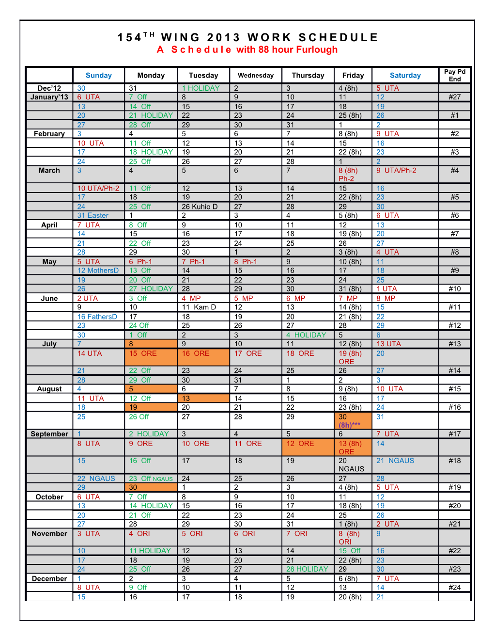 2005 Work Week Schedule