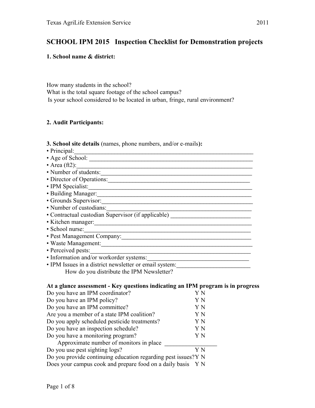 SCHOOL IPM 2015 Inspection Checklist for Demonstration Projects