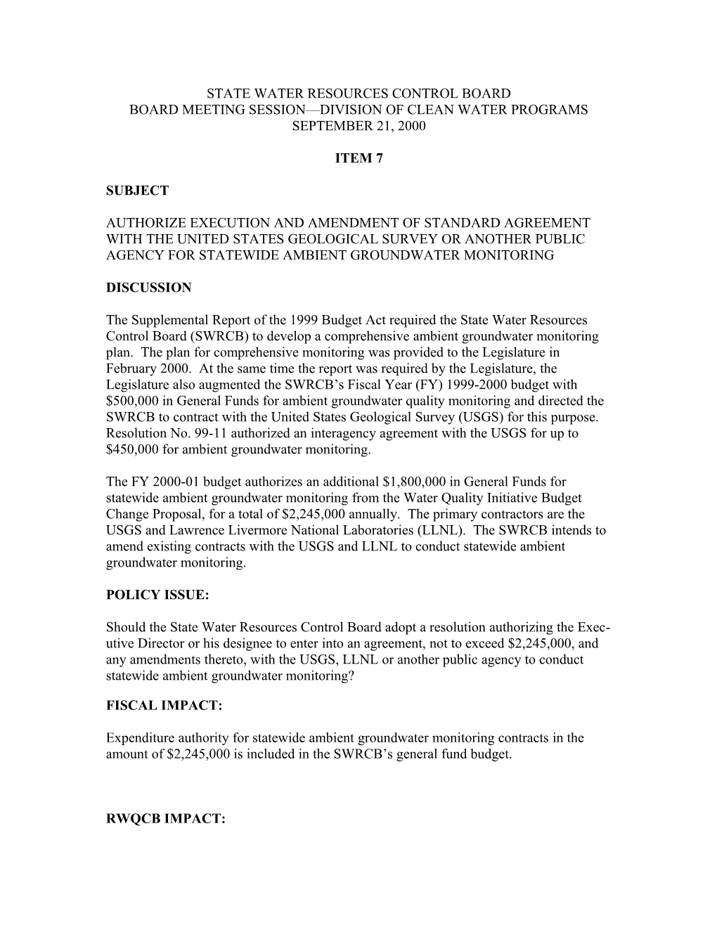 USGS Contract/Ambient Groundwater Monitoring