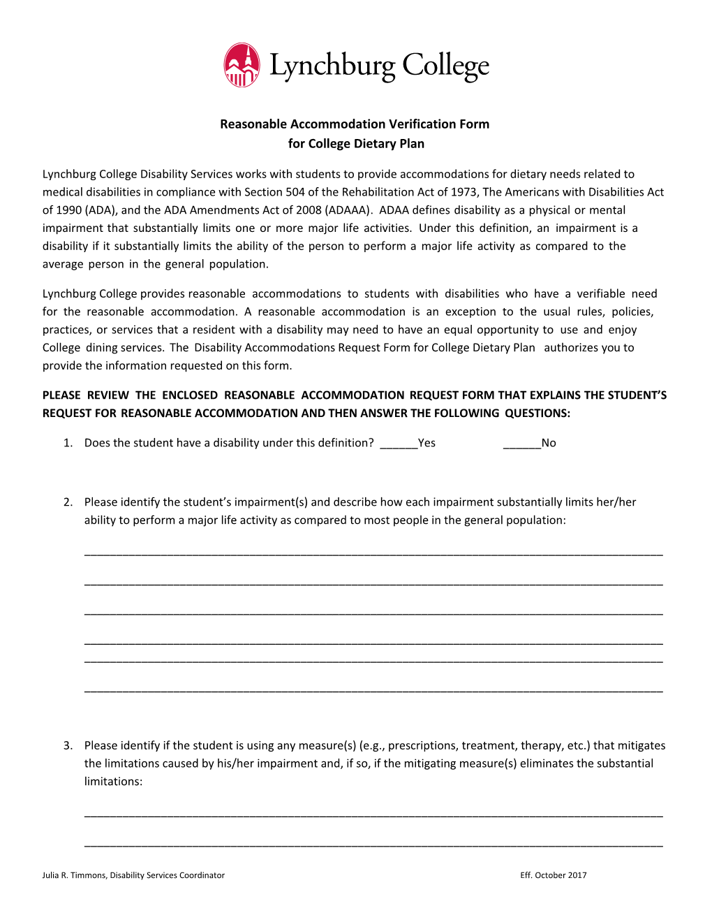 Reasonable Accommodation Verification Form for College Dietary Plan