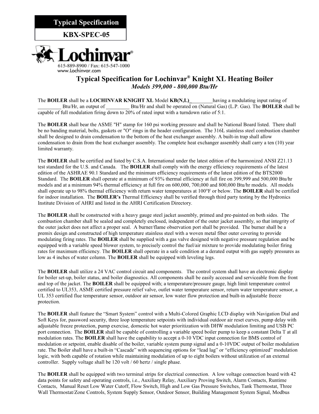 Typicalspecificationfor Lochinvar Knight XL Heating Boiler