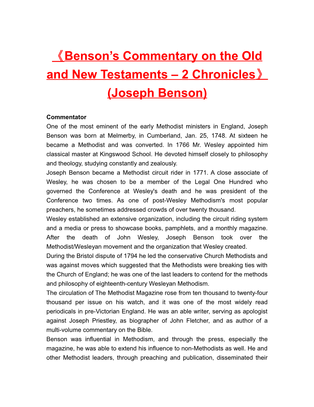 Benson S Commentary on the Old and New Testaments 2 Chronicles (Joseph Benson)