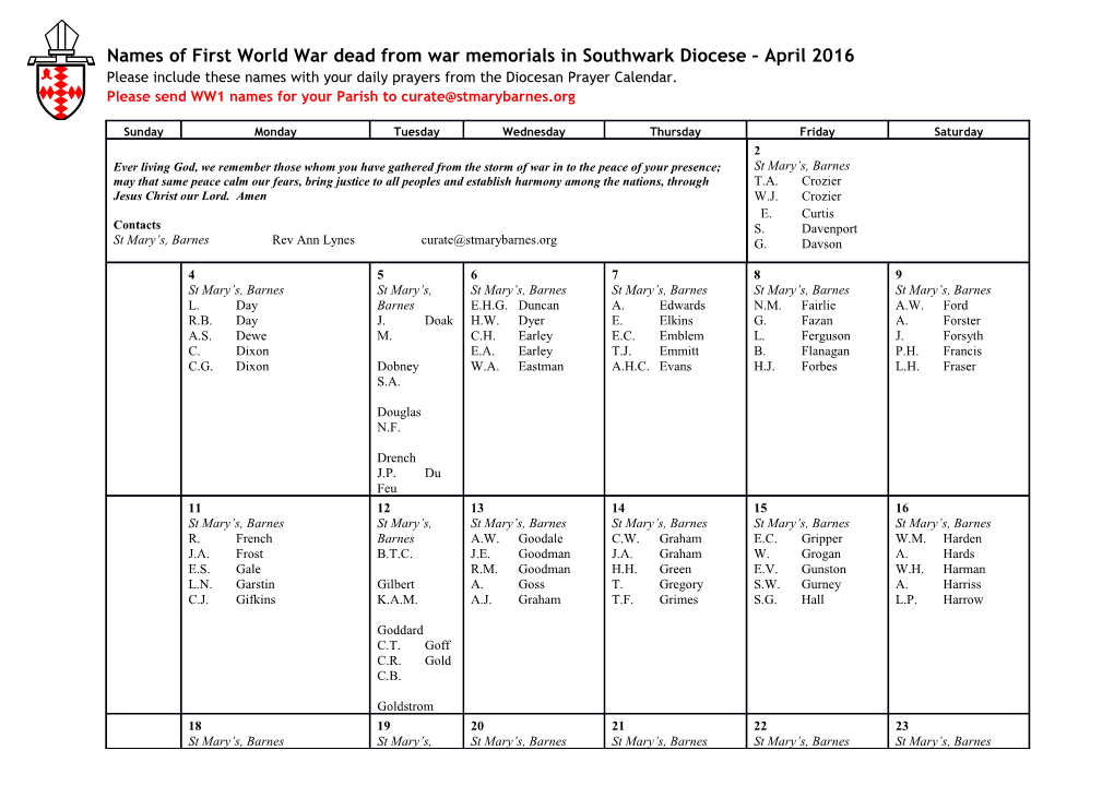 Names of First World War Dead from War Memorials in Southwark Diocese April 2016 Please