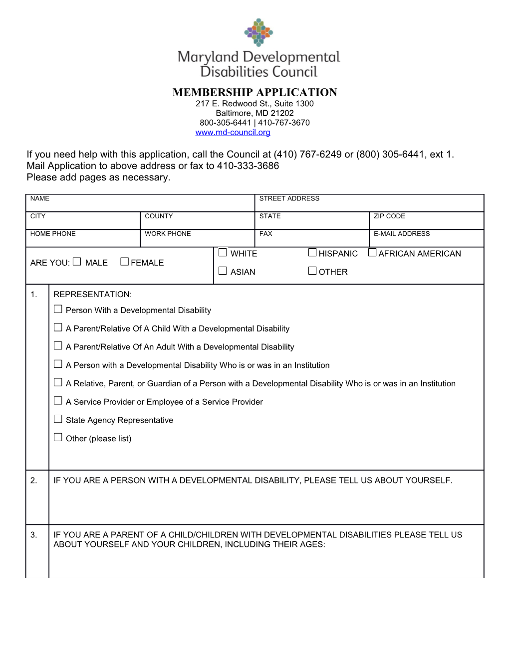 If You Need Help with This Application, Call the Council at (410) 767-6249 Or (800) 305-6441