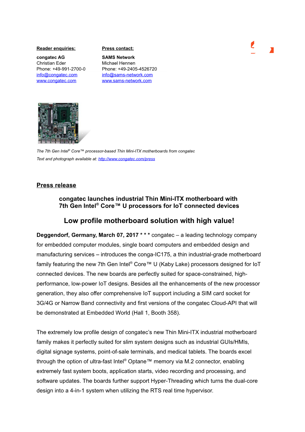 The7th Genintel Core Processor-Based Thin Mini-ITX Motherboards from Congatec