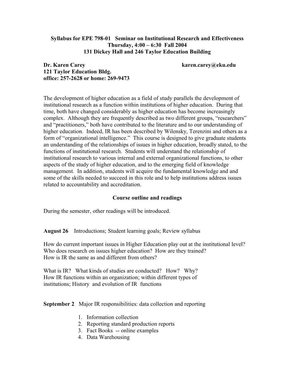 EPE 798-01 Seminar on Institutional Research and Effectiveness