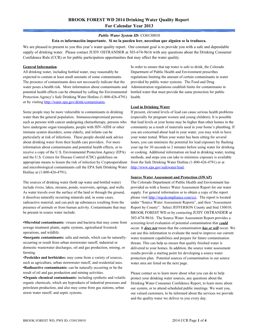 BROOK FOREST WD 2014 Drinking Water Quality Report