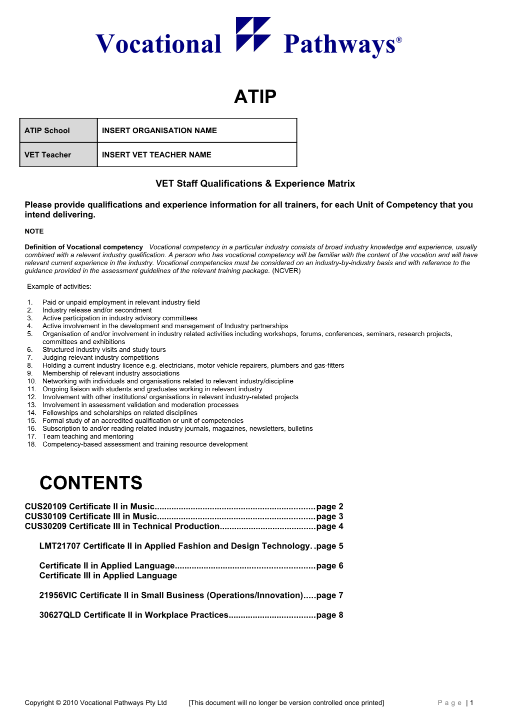 VET Staff Qualifications & Experience Matrix