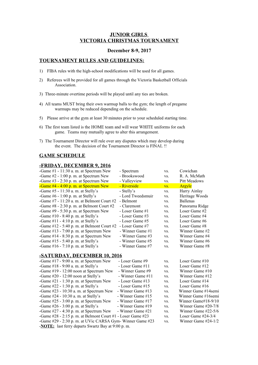 Tournament Rules and Guidelines