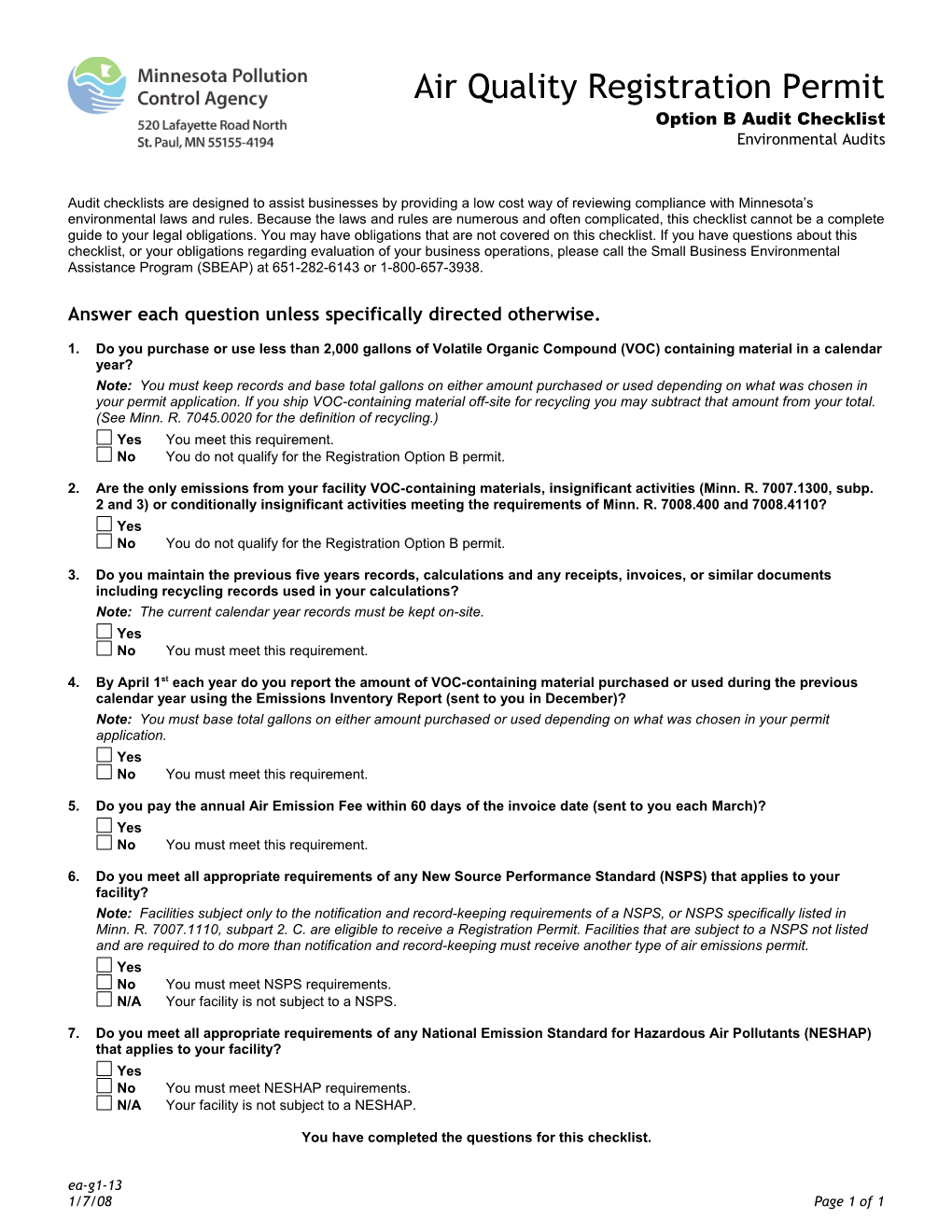 Air Quality Registration Permit Option B Audit Checklist Form