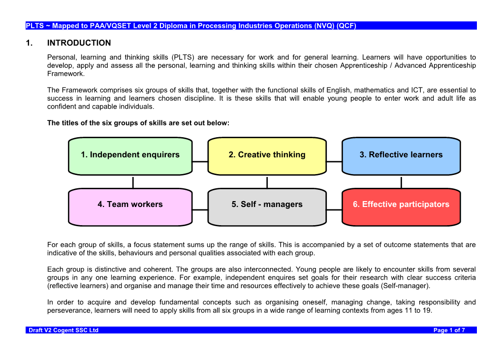 PLTS Mapped to PAA/VQSET Level 2 Diploma in Processing Industries Operations (NVQ) (QCF)