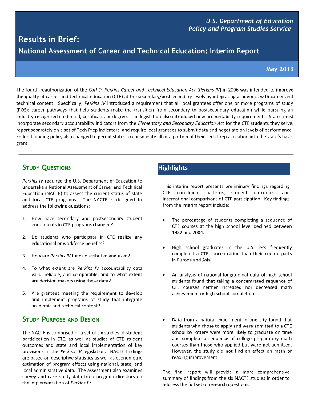 Results in Brief: National Assessment of Career and Technical Education: Interim Report