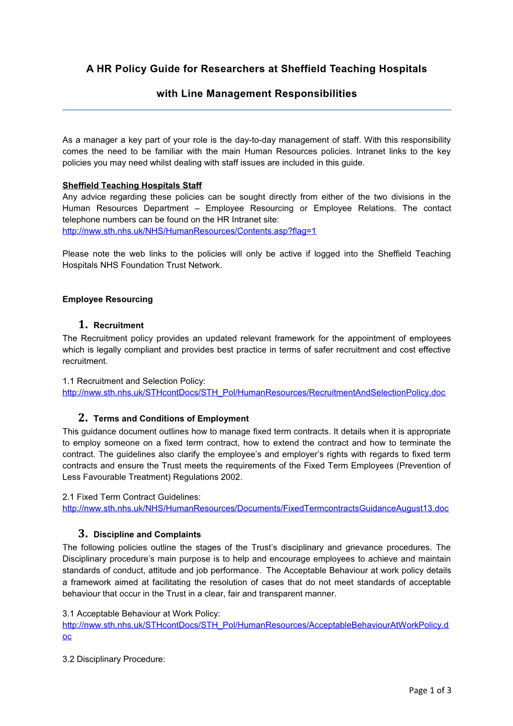 A HR Policy Guide for Researchers at Sheffield Teaching Hospitals