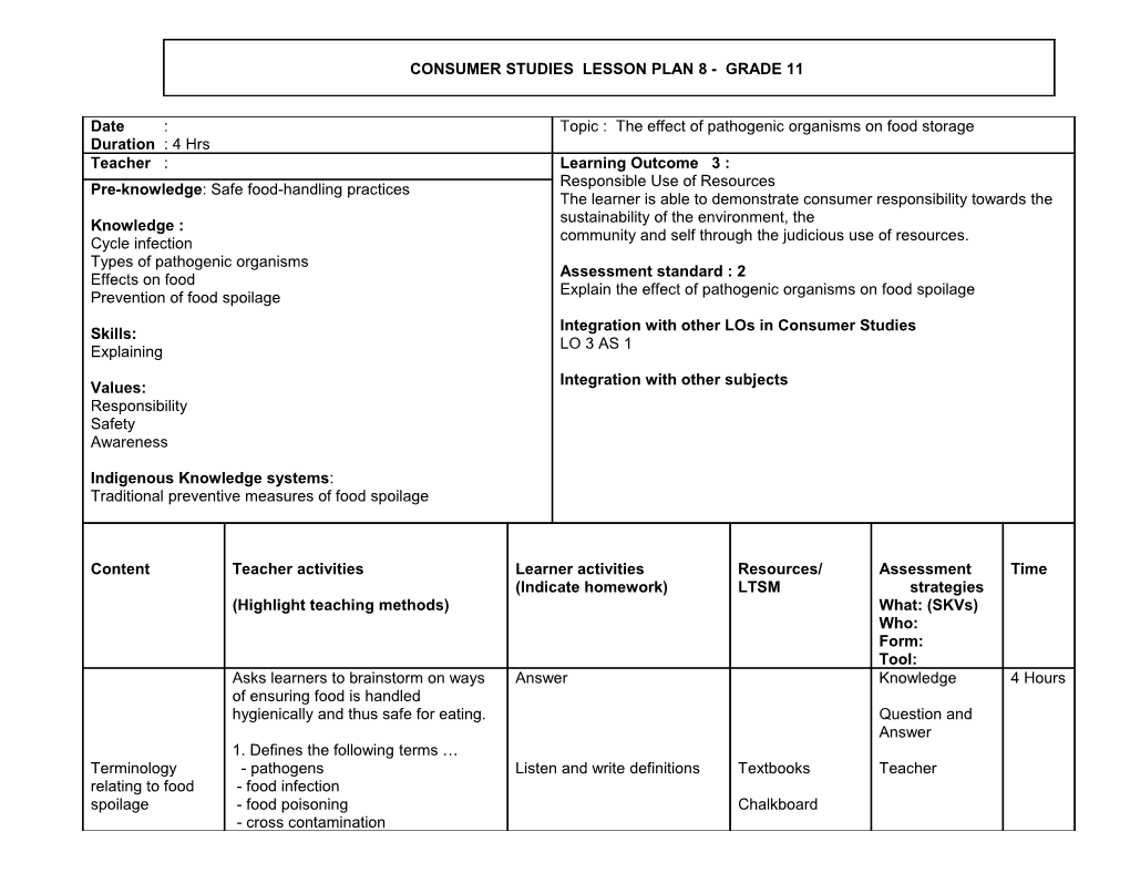 Topic : the Effect of Pathogenic Organisms on Food Storage