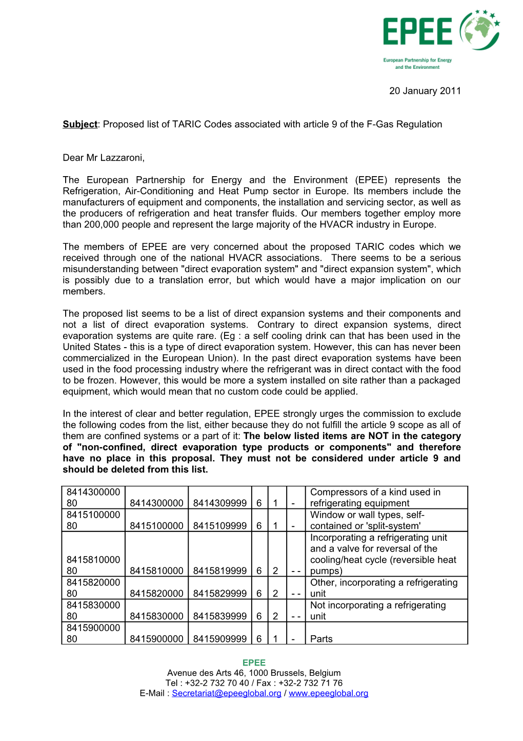 Subject: Proposed List of TARIC Codes Associated with Article 9 of the F-Gas Regulation