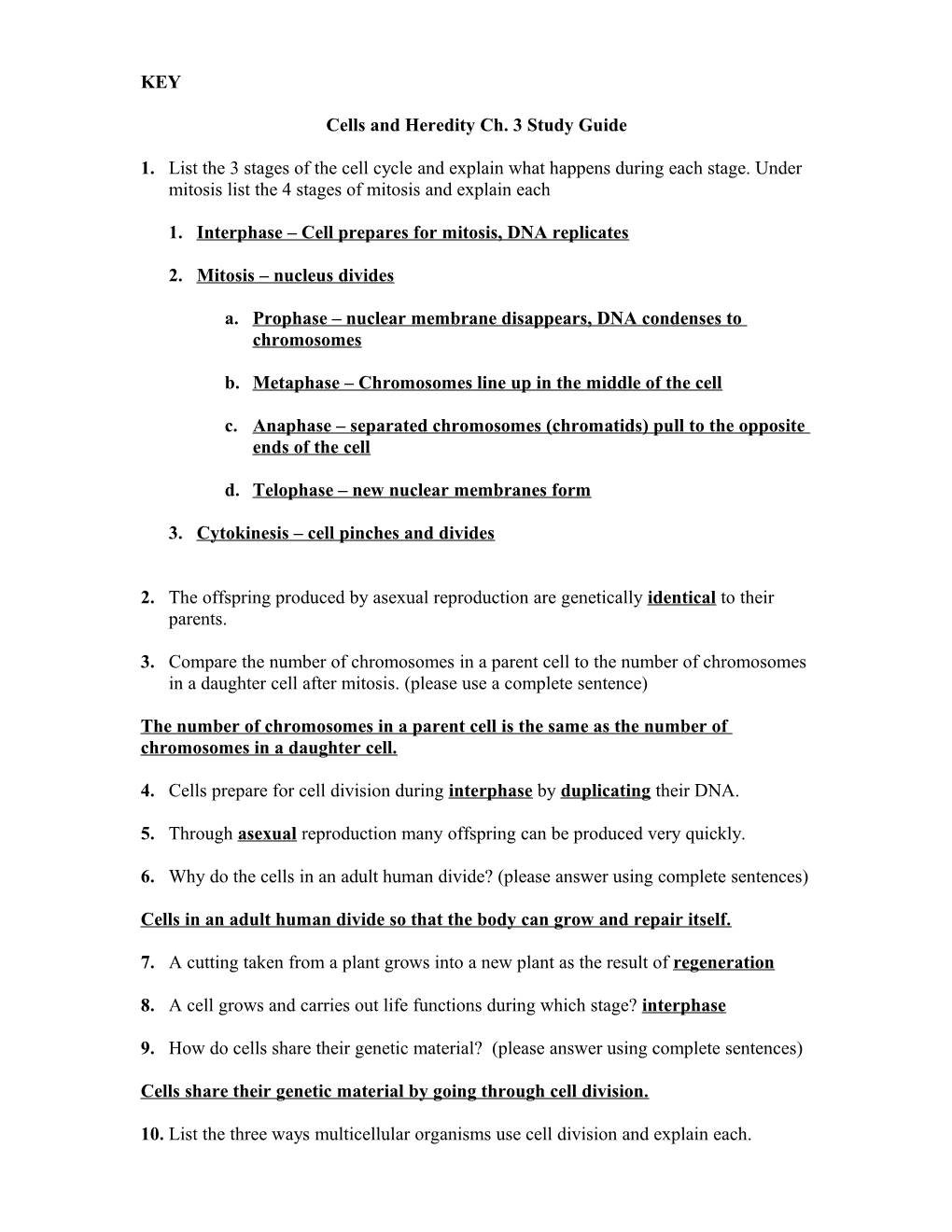 Cells and Heredity Ch. 3 Study Guide