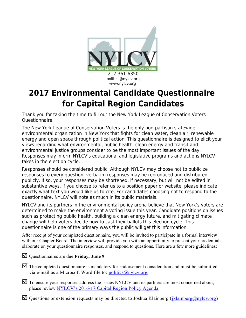 2017 Environmental Candidate Questionnaire for Capital Region Candidates