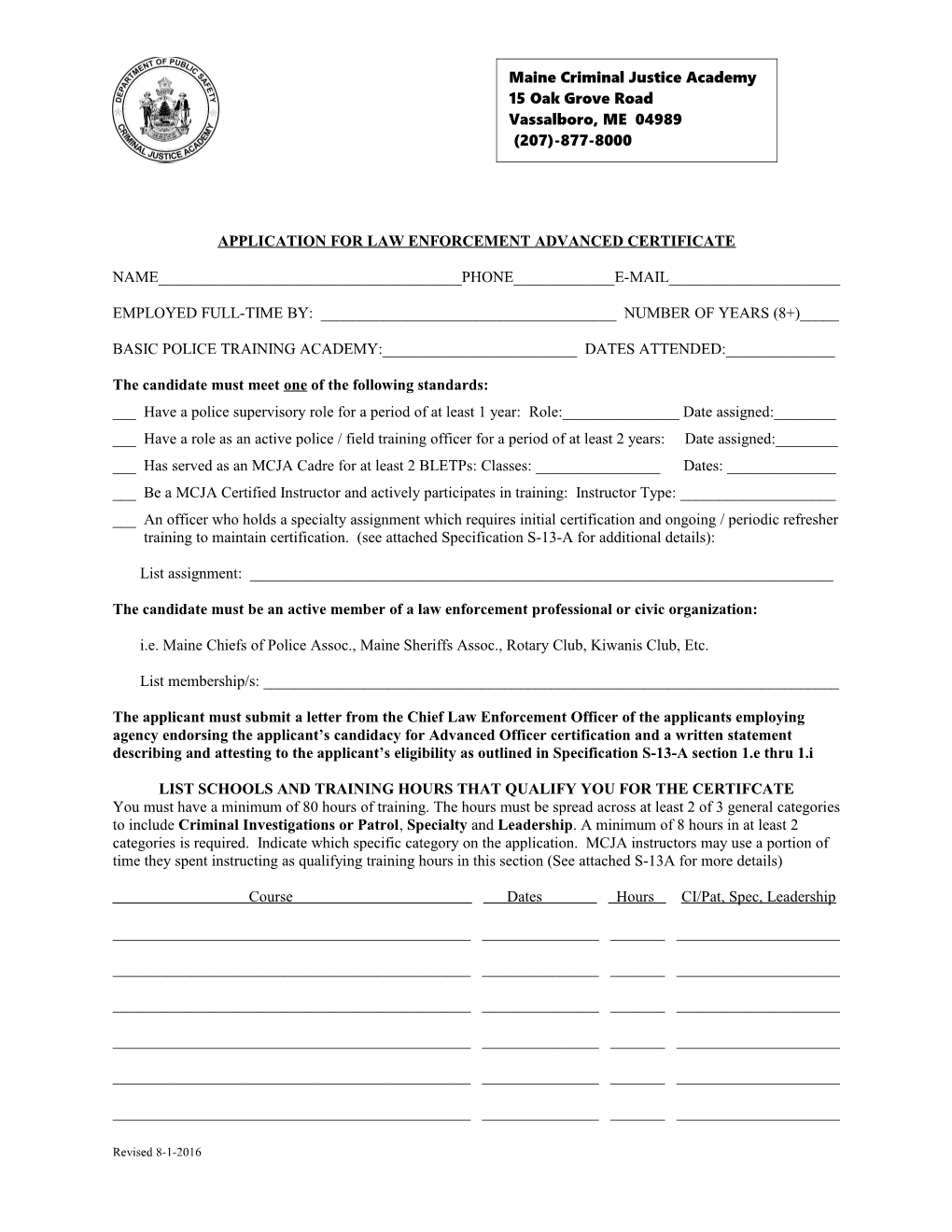 Application for Law Enforcement Advanced Certificate