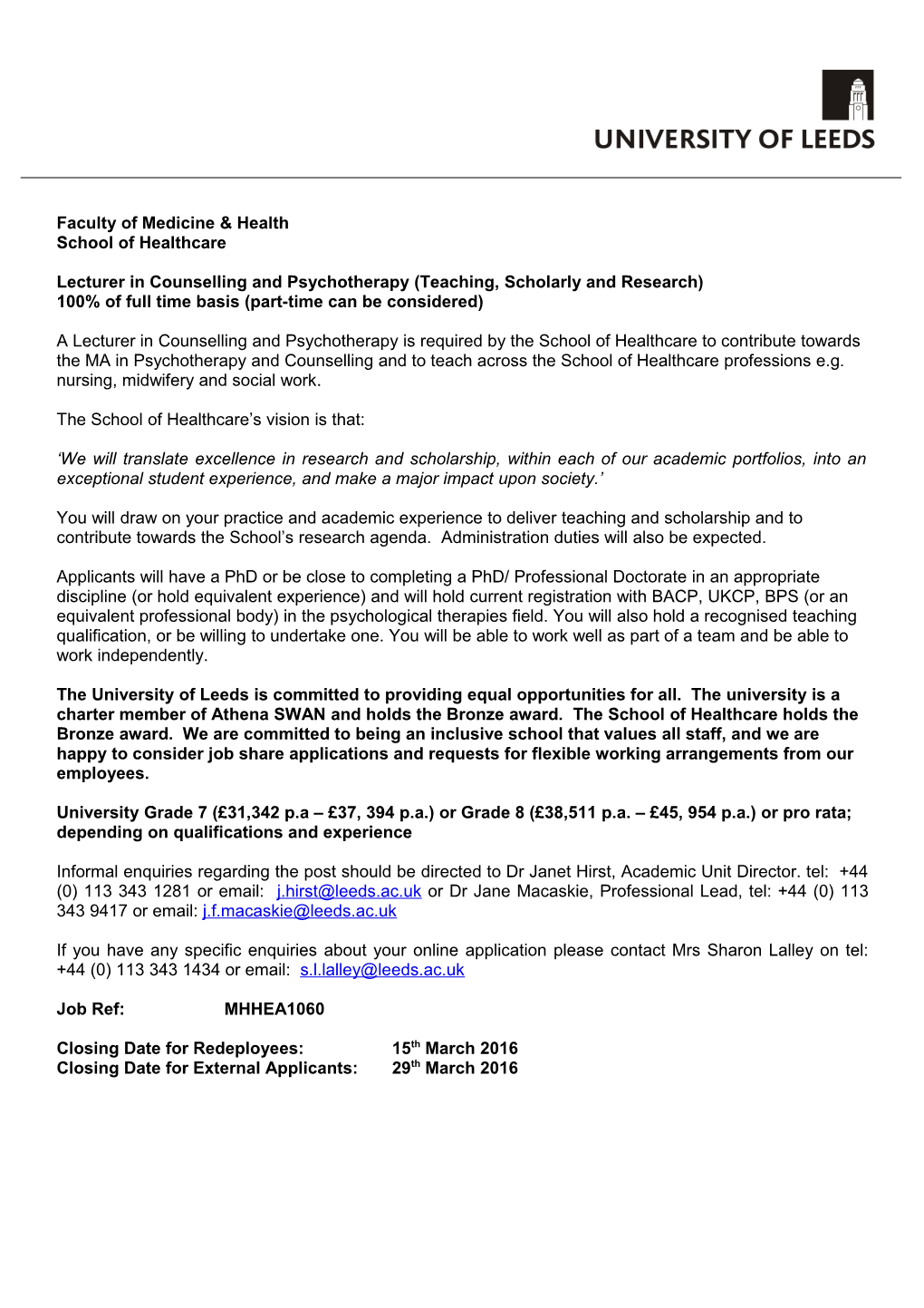 Lecturer in Counselling and Psychotherapy (Teaching, Scholarly and Research)