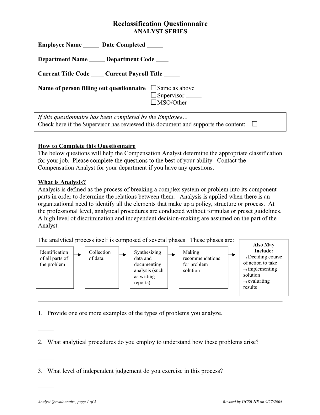 Analyst Series Questionnaire