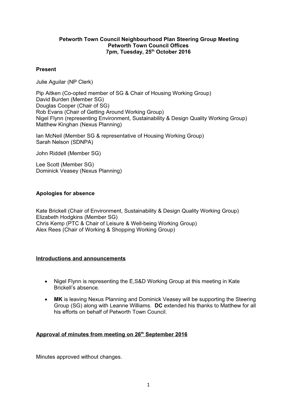 Petworth Town Council Neighbourhood Plan Steering Group Meeting Petworth Town Council