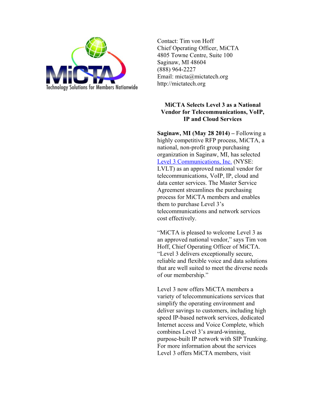 Micta Selects Level 3 As a National Vendor for Telecommunications, Voip, IP and Cloud Services