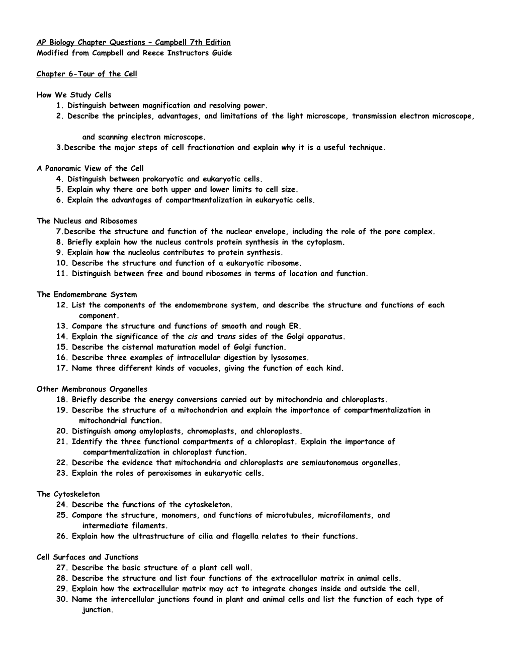 AP Biology Chapter Questions Campbell 7Th Edition