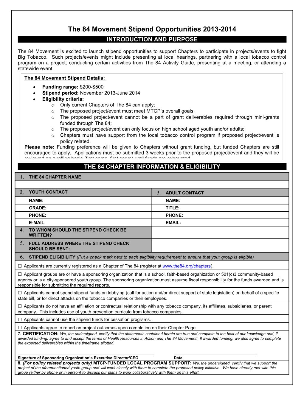 The 84 Movement Stipend Opportunities2013-2014