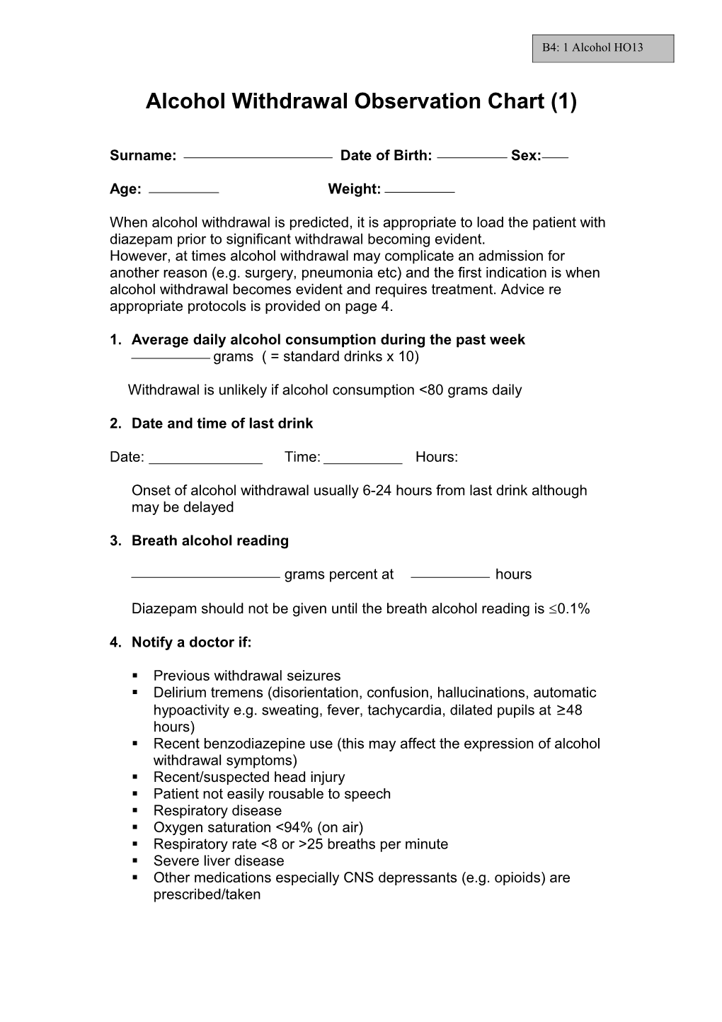 Alcohol Withdrawal Observation Chart