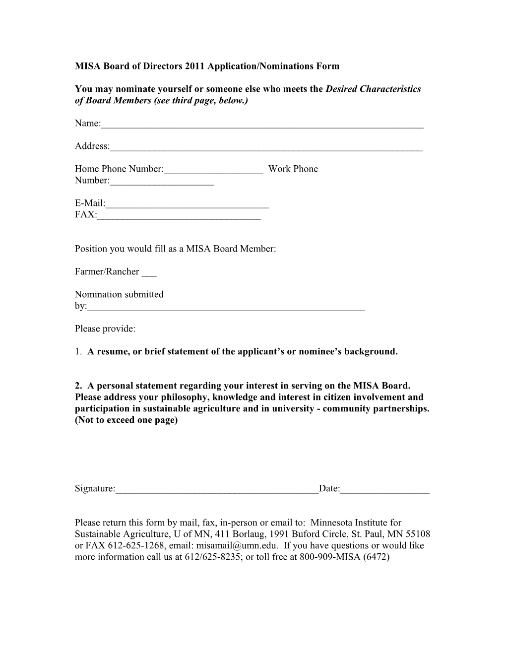 MISA Board of Directors 2011 Application/Nominations Form