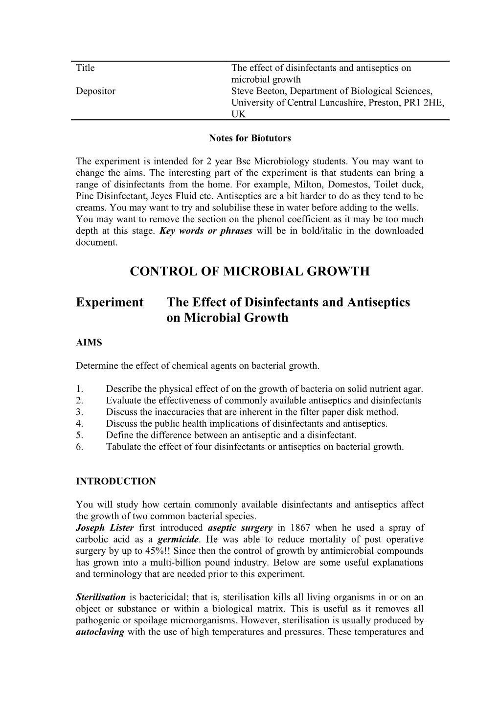 Control of Microbial Growth