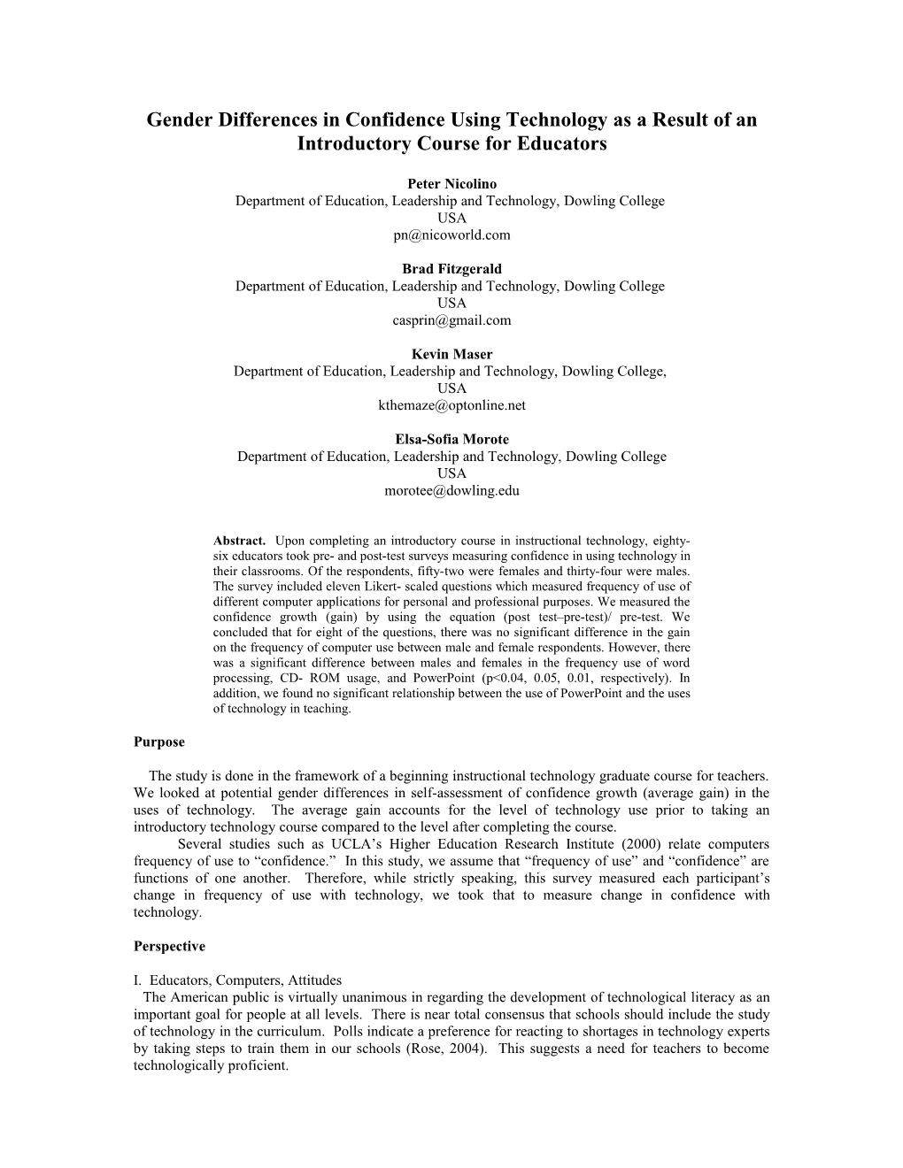 Gender Differences in Confidence Using Technology As a Result of an Introductory Course