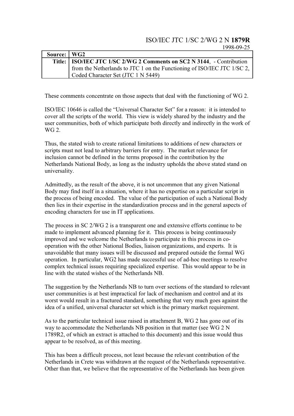 ISO/IEC JTC 1/SC 2/WG 2 Comments on SC2N3144