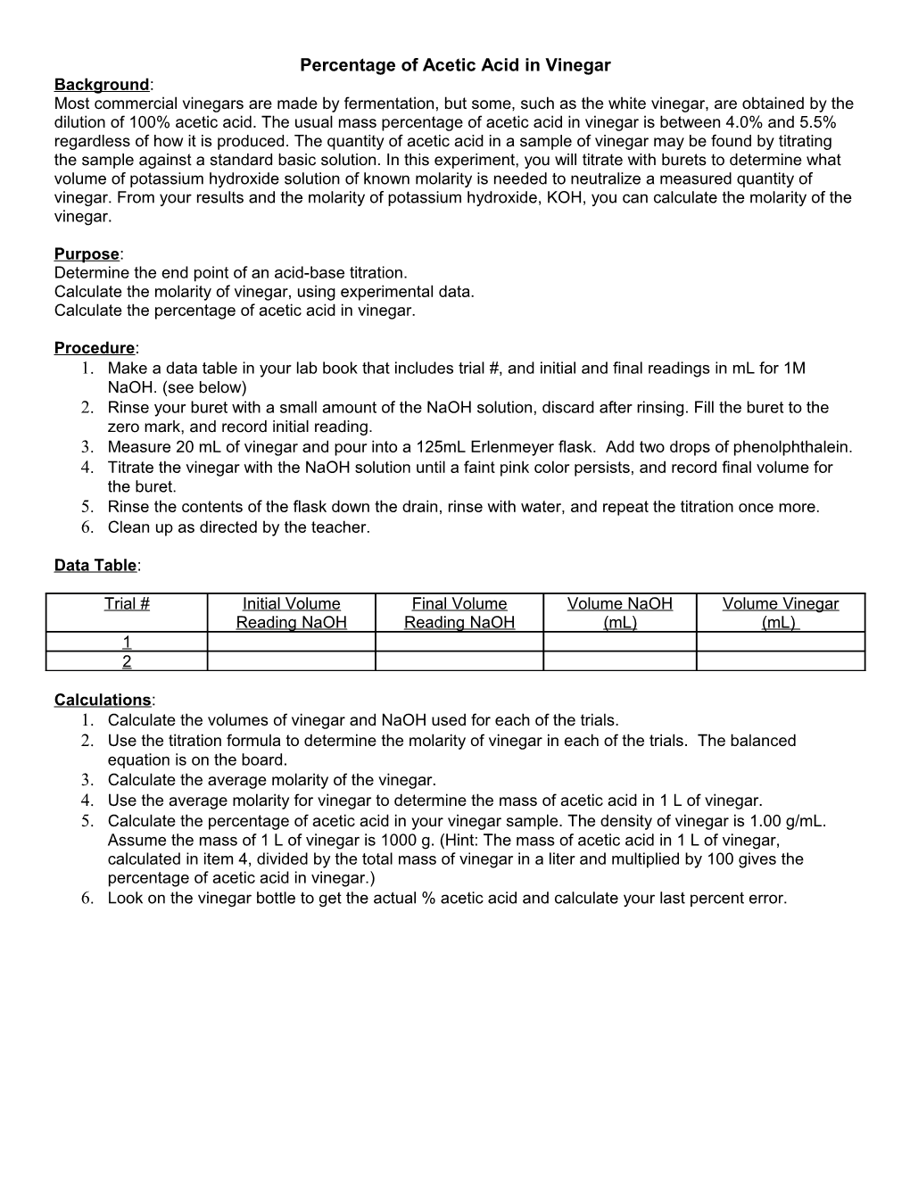 Lab: Percentage of Acetic Acid in Vinegar