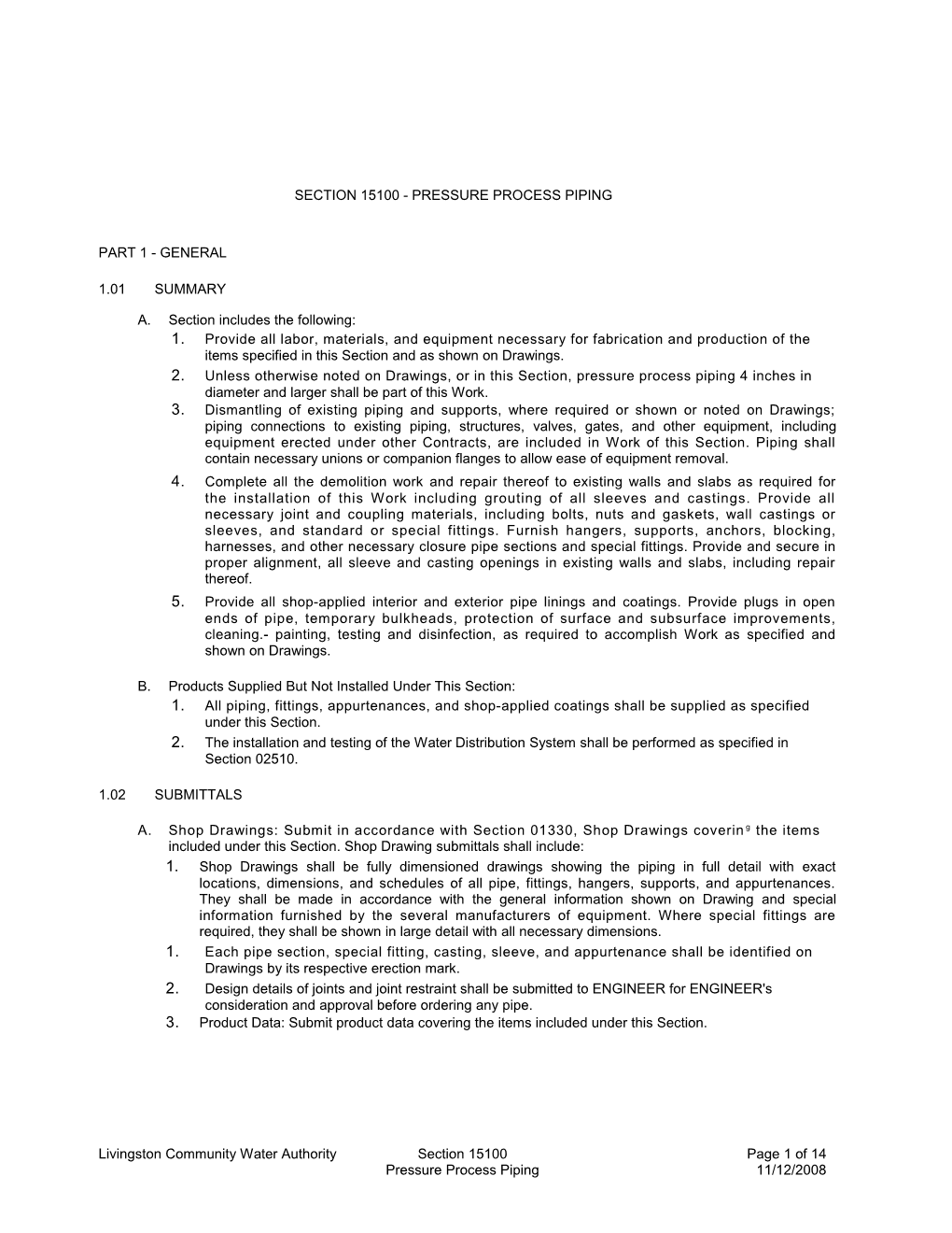 Section 15100 - Pressure Process Piping