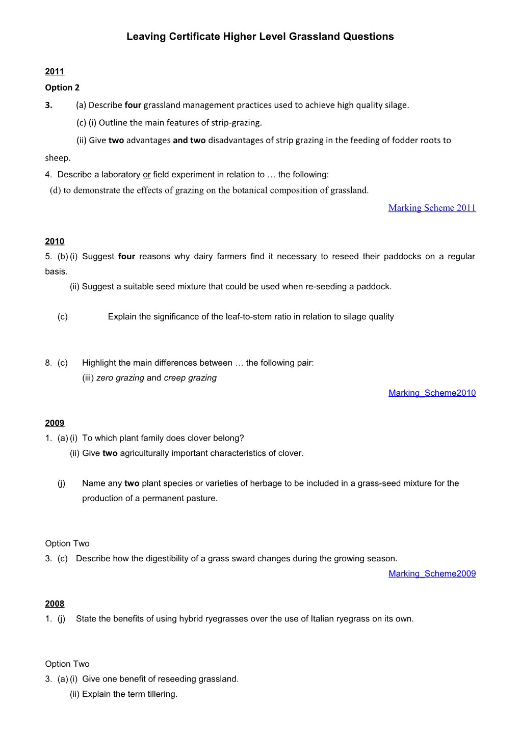 Leaving Certificate Higher Level Grassland Questions