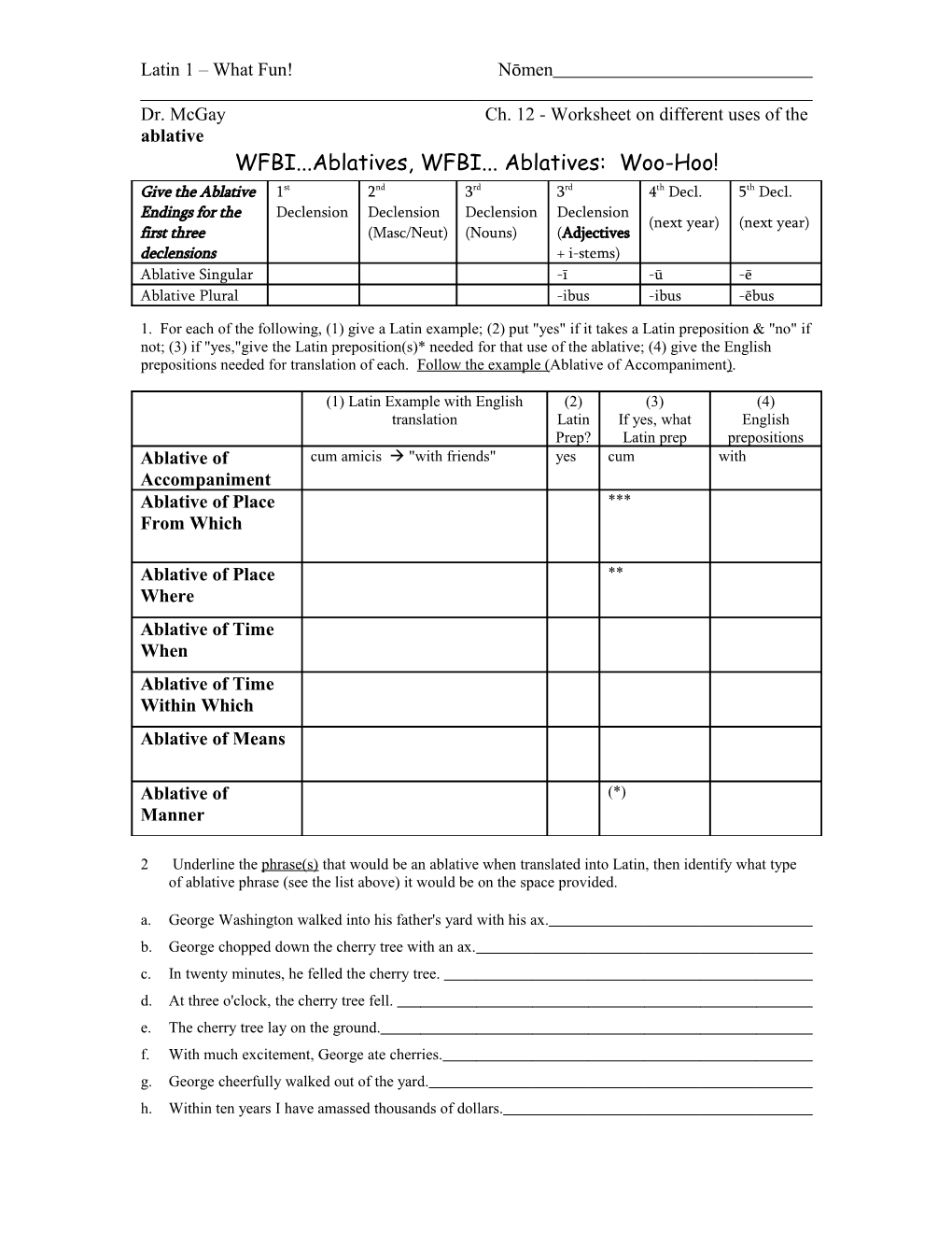 Dr. Mcgay Ch. 12 - Worksheet on Different Uses of the Ablative