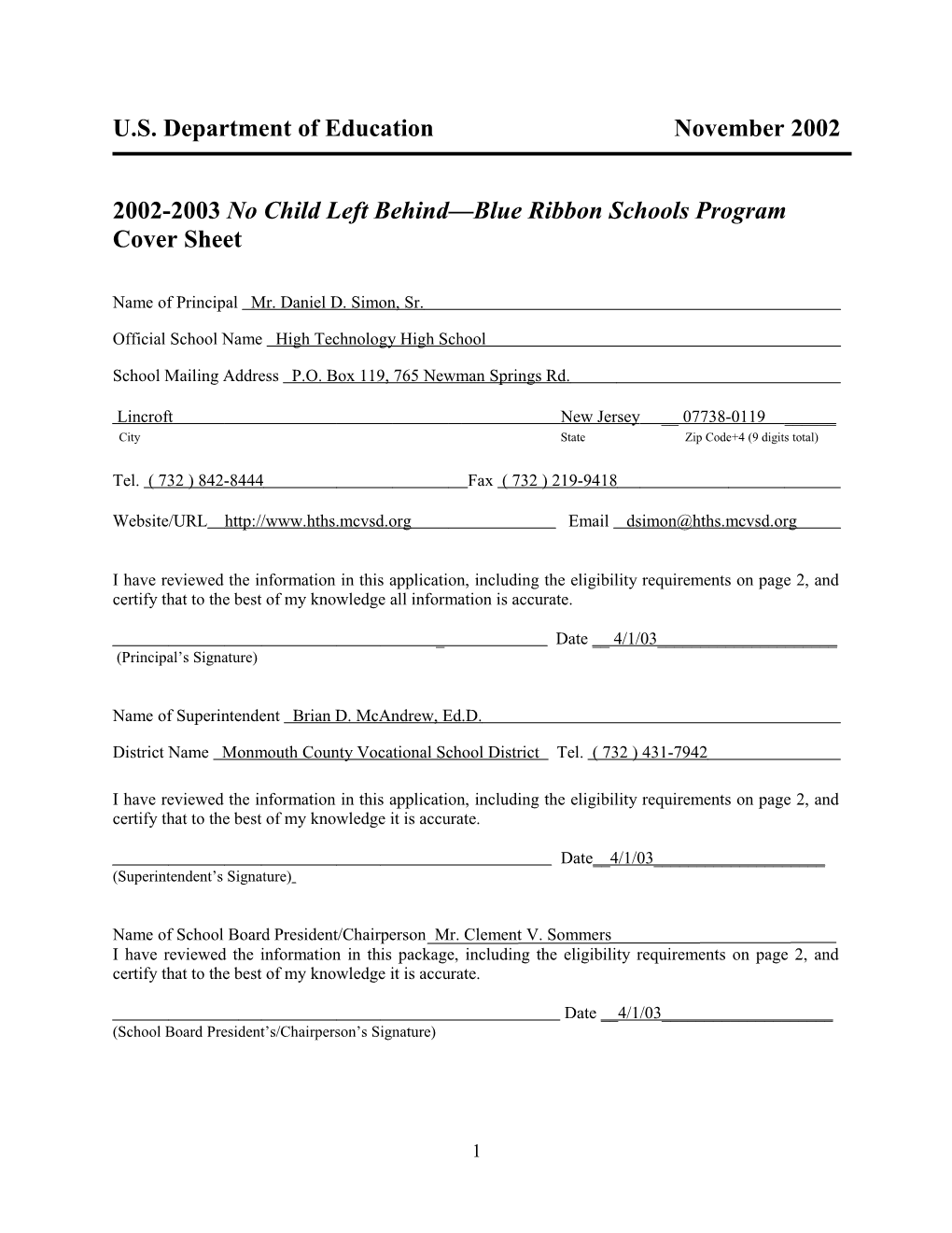 High Technology High School 2003 No Child Left Behind-Blue Ribbon School (Msword)