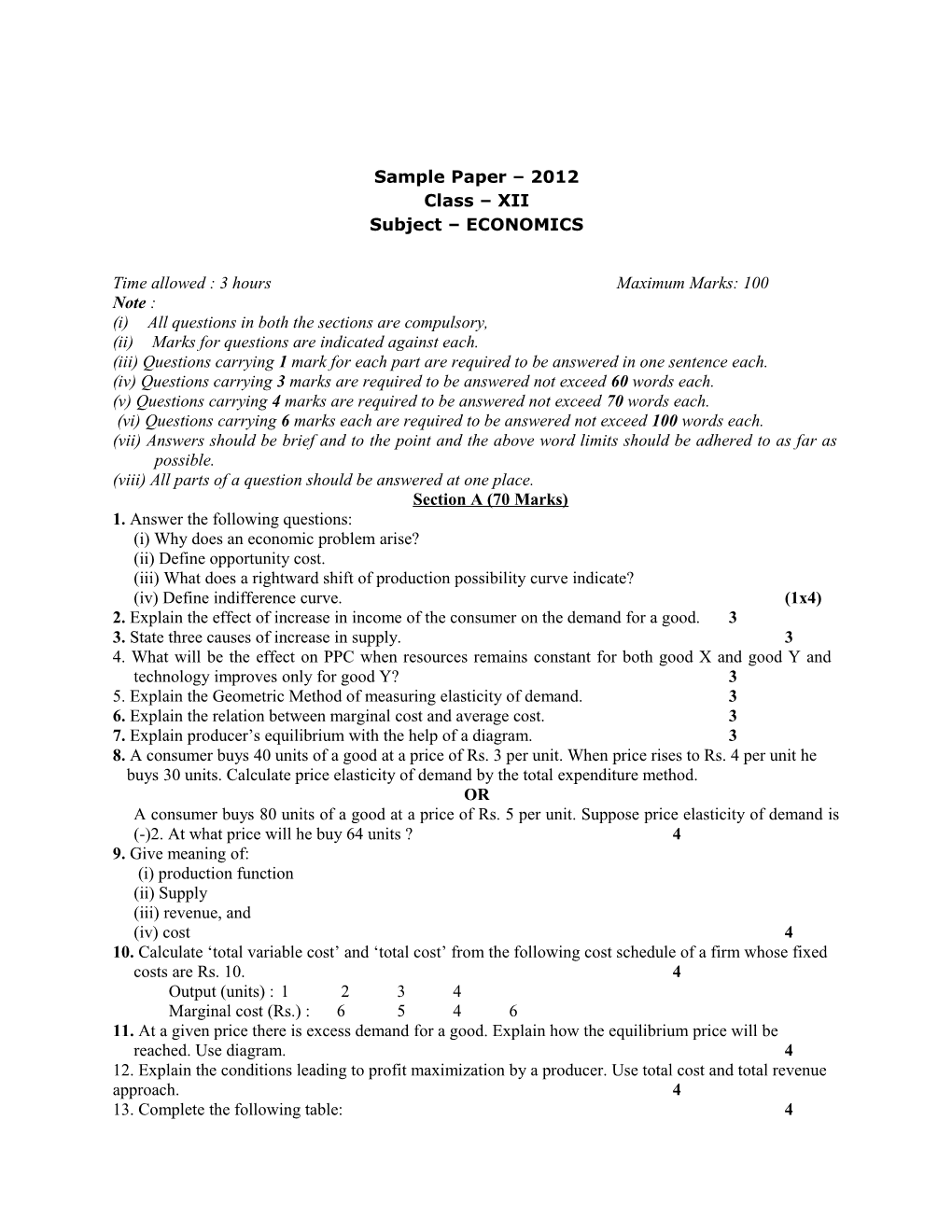 Sample Paper 2012 Class XII Subject ECONOMICS