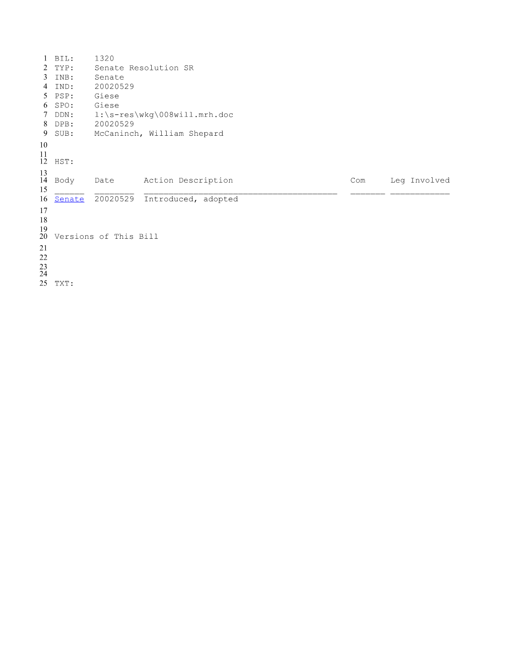 2001-2002 Bill 1320: Mccaninch, William Shepard - South Carolina Legislature Online