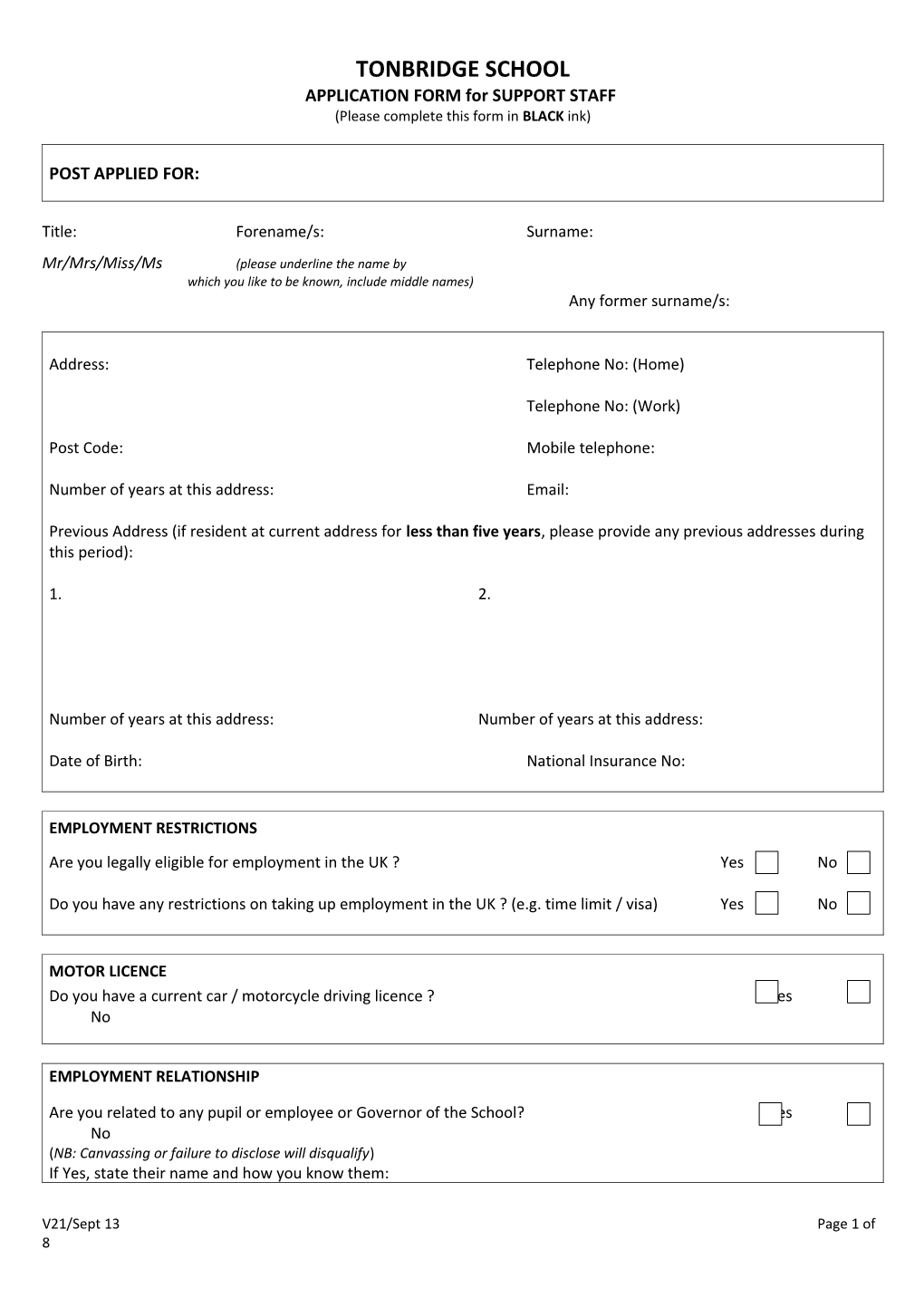 APPLICATION FORM for SUPPORT STAFF