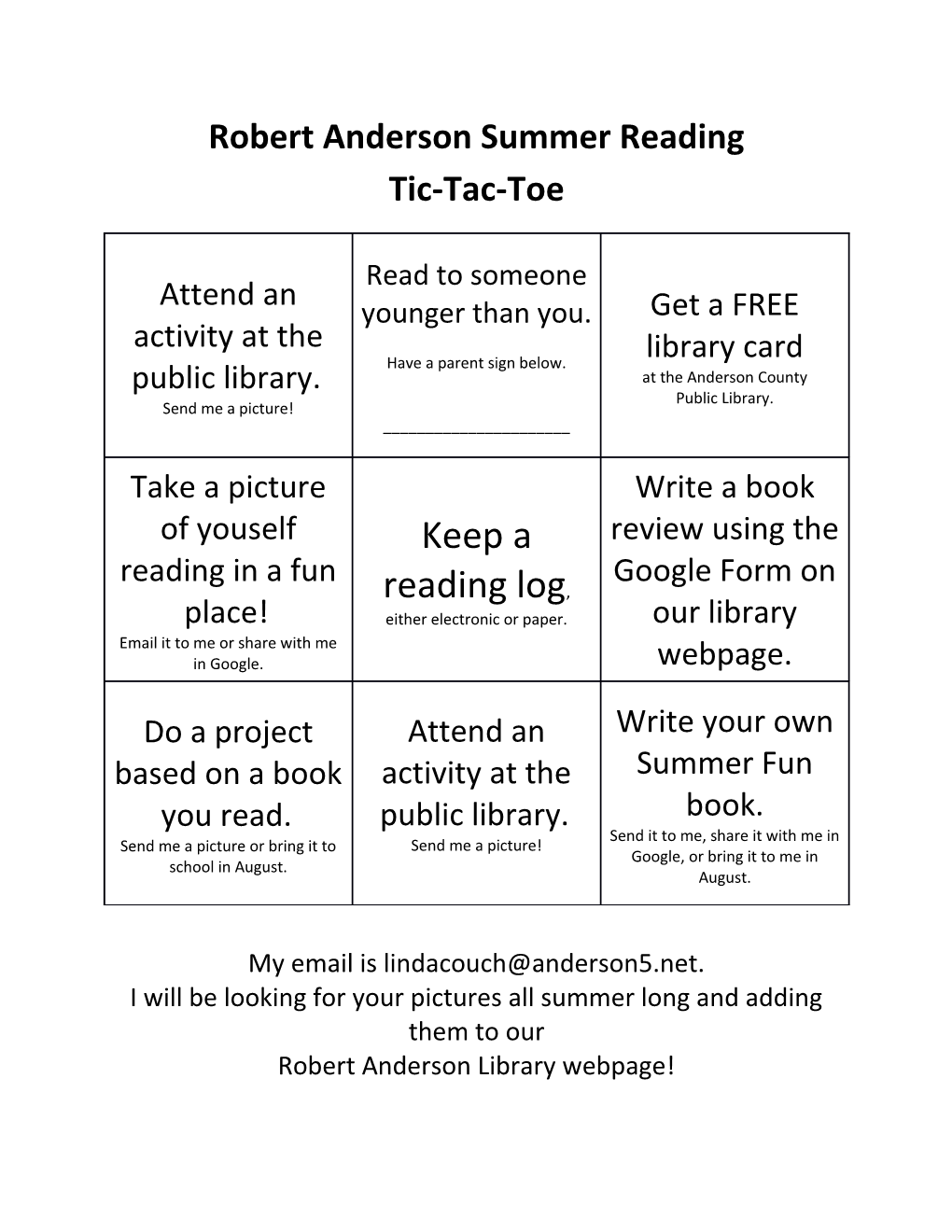 Robert Anderson Summer Reading Tic-Tac-Toe