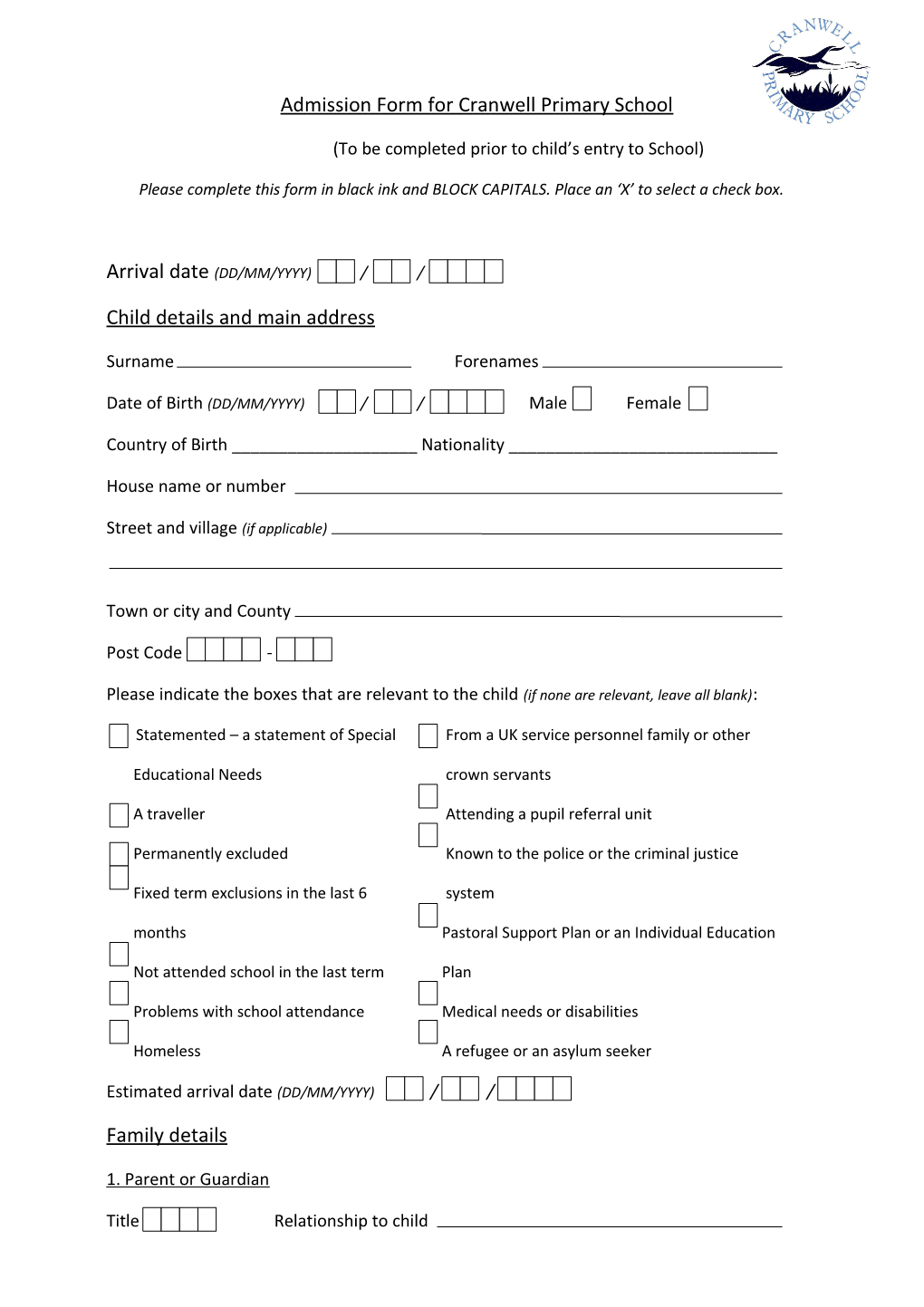 Admission Form for Cranwell Primary School