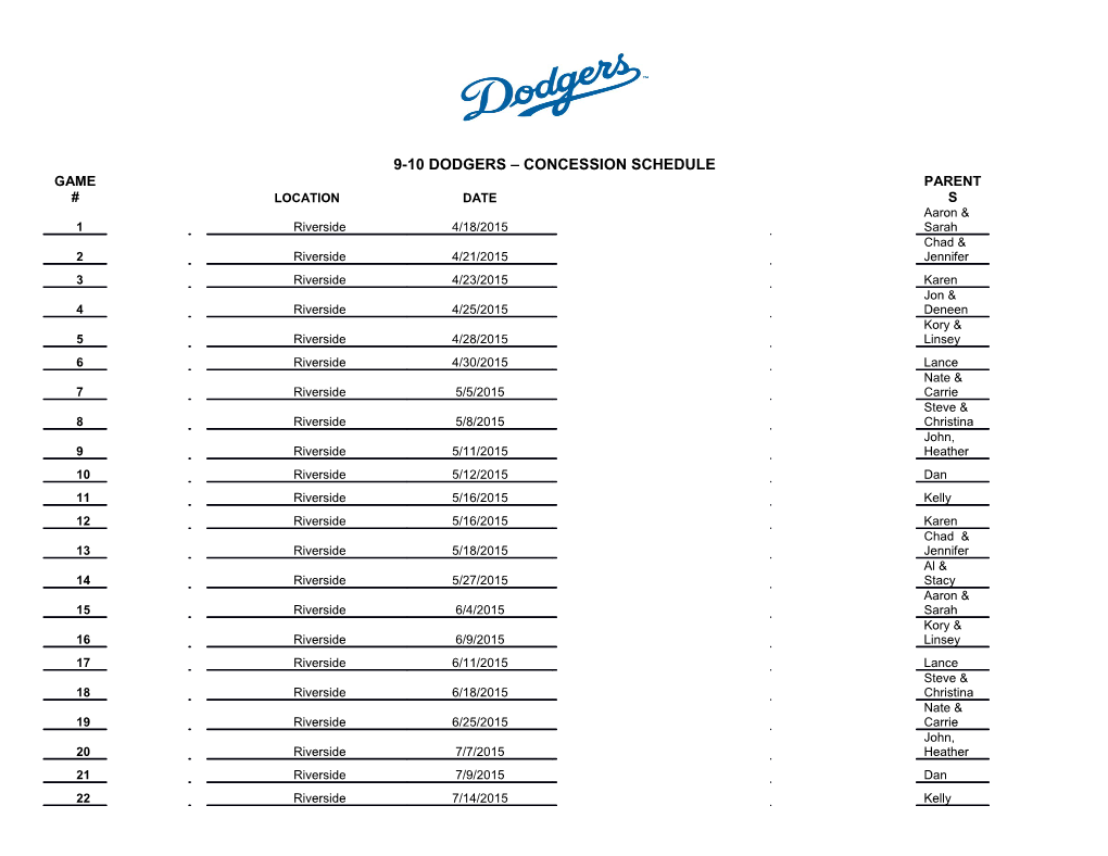 9-10 Dodgers Concession Schedule