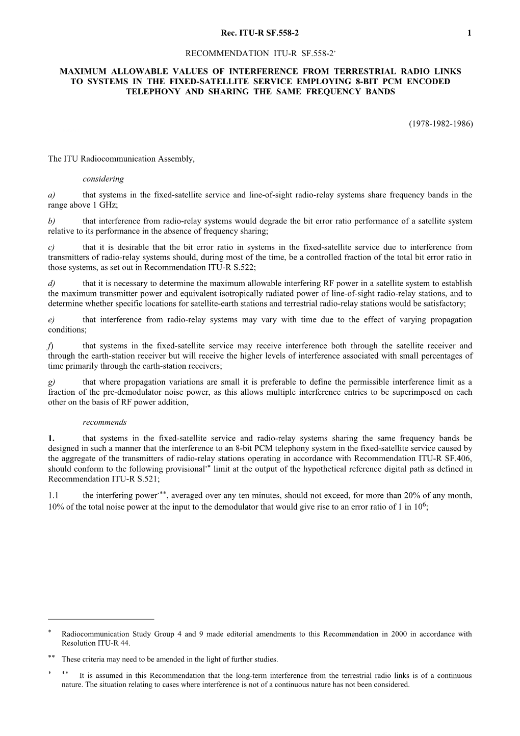 SF.558-2 - Maximum Allowable Values of Interference from Terrestrial Radio Links to Systems