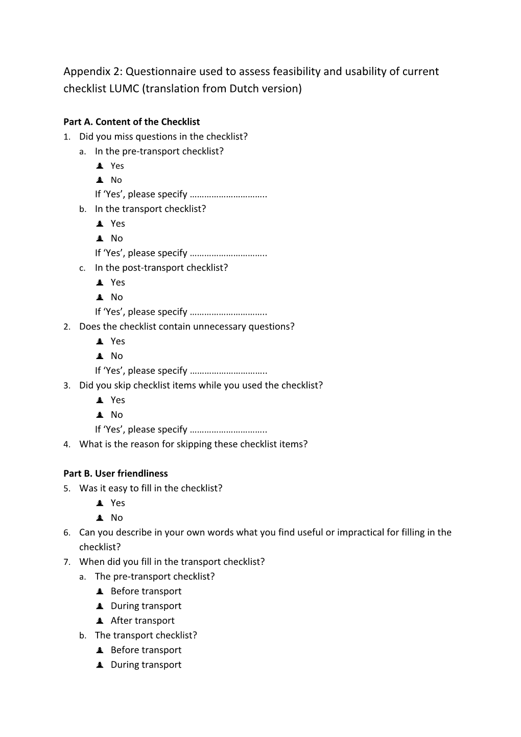 Part A. Content of the Checklist