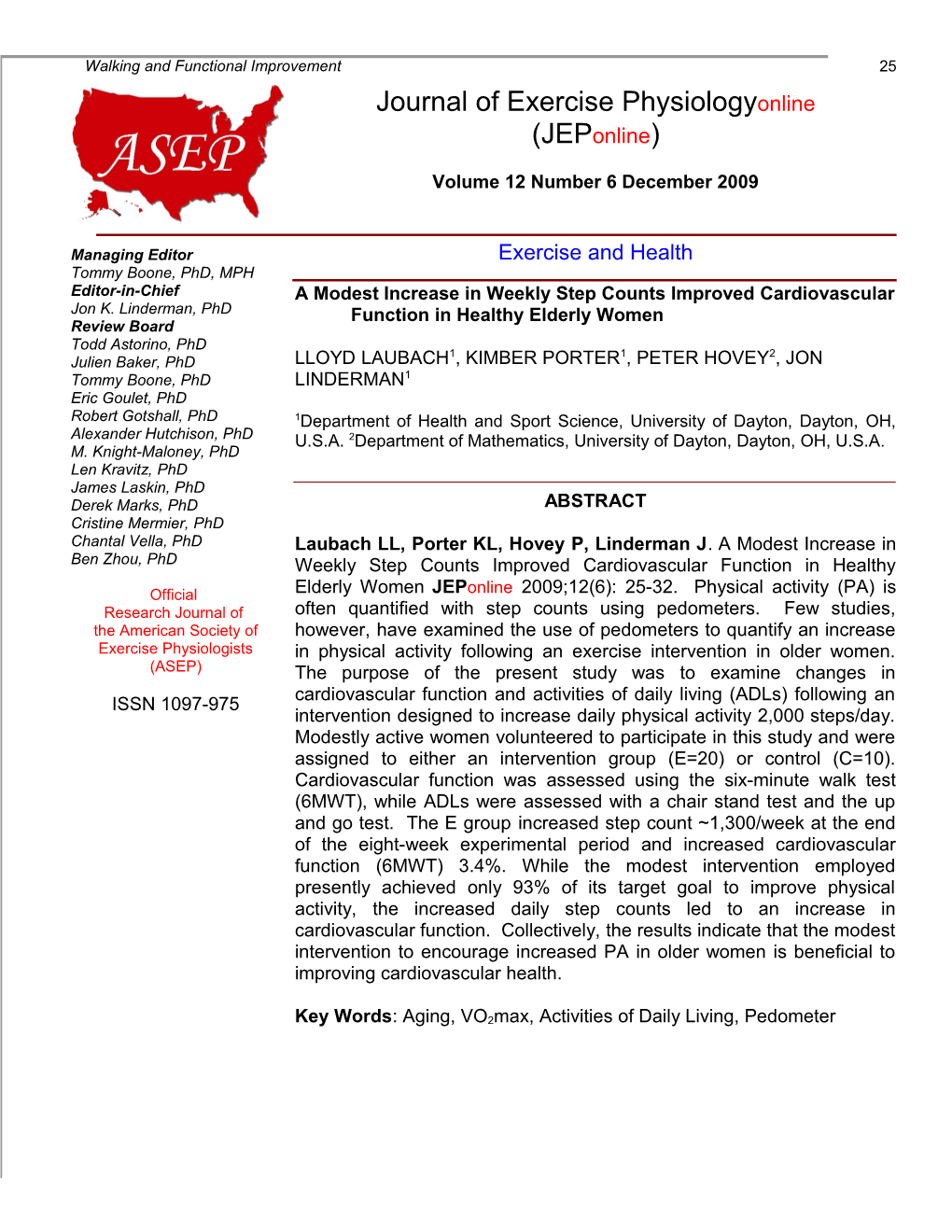 A Modest Increase in Weekly Step Counts Improved Cardiovascular Function in Healthy Elderly