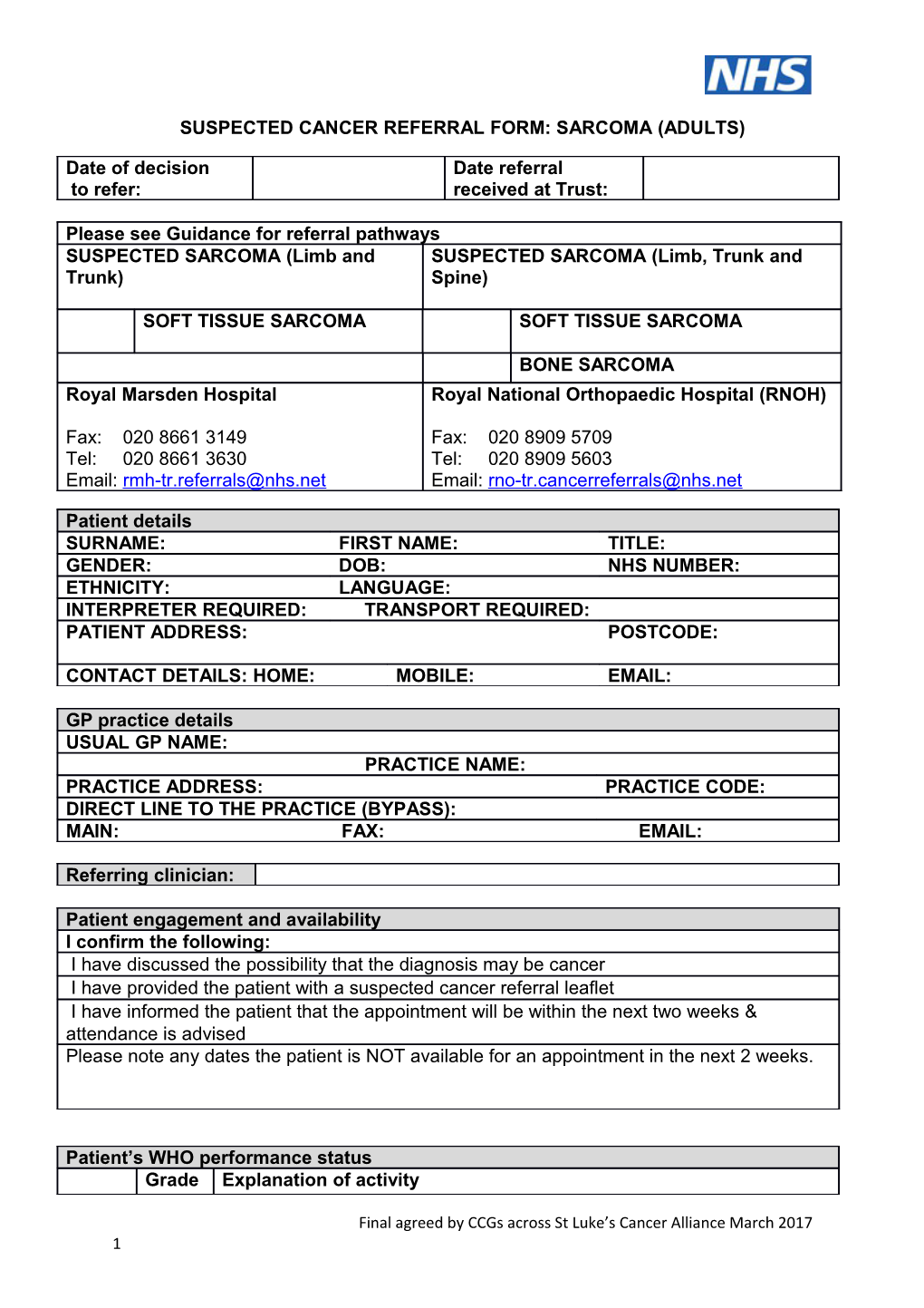 Suspected Cancer Referral Form: Sarcoma (Adults)