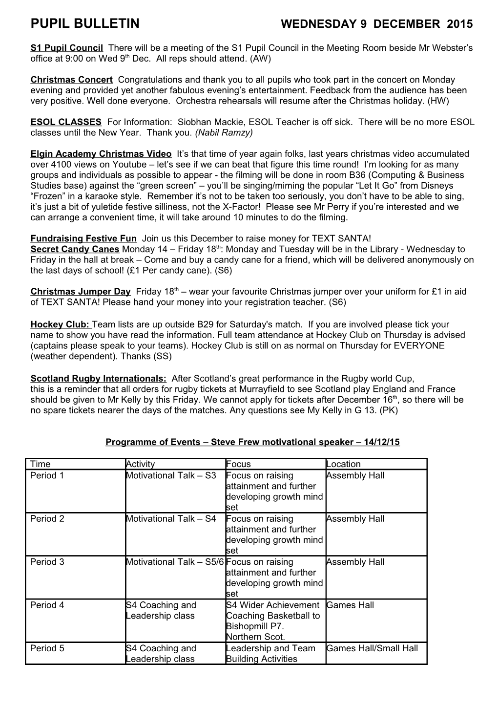 Pupil Bulletin Wednesday 9 December 2015