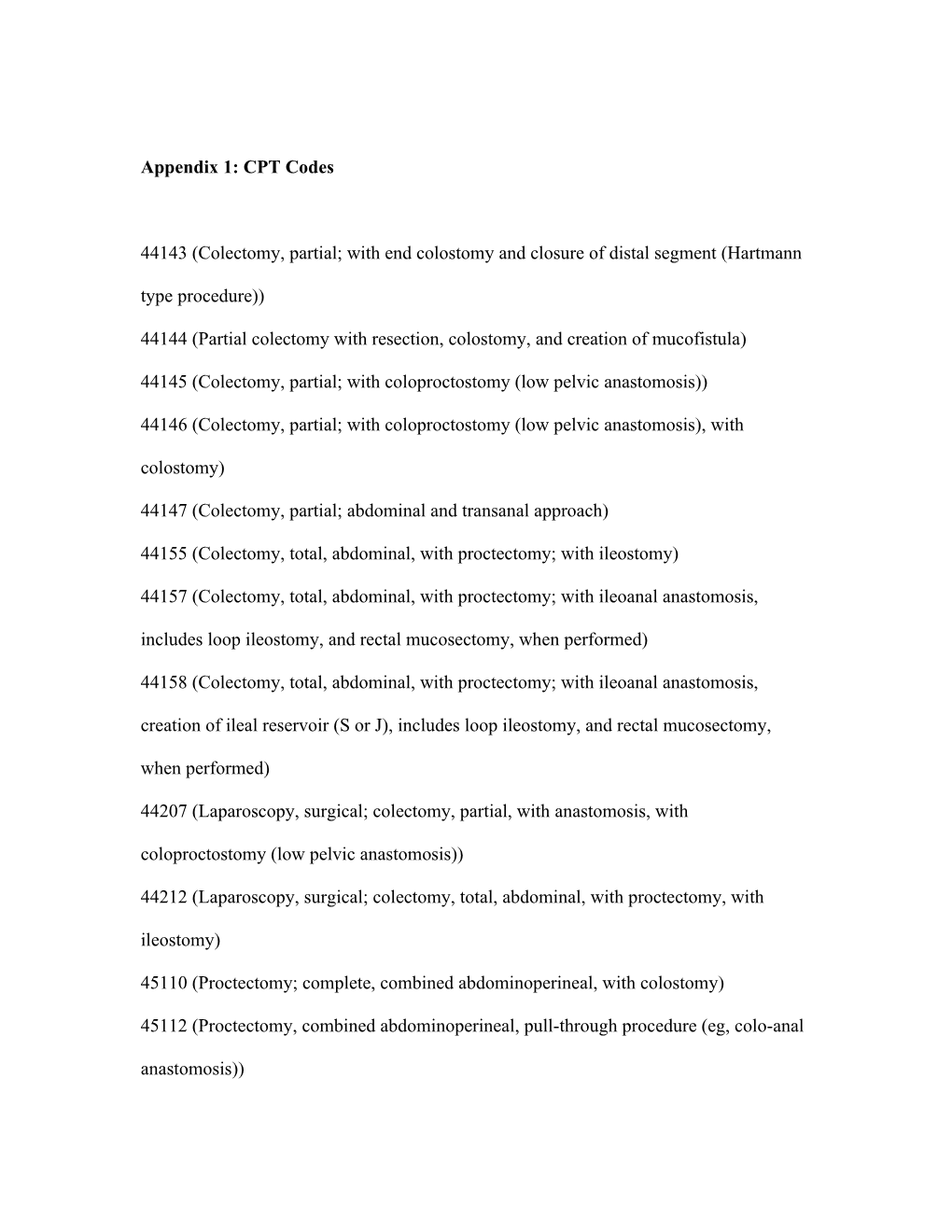 Appendix 1: CPT Codes